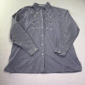 Foxcraft‎ Women's Size 12 Button Down Blouse Gingham W/ Embroidery Daisy Flower